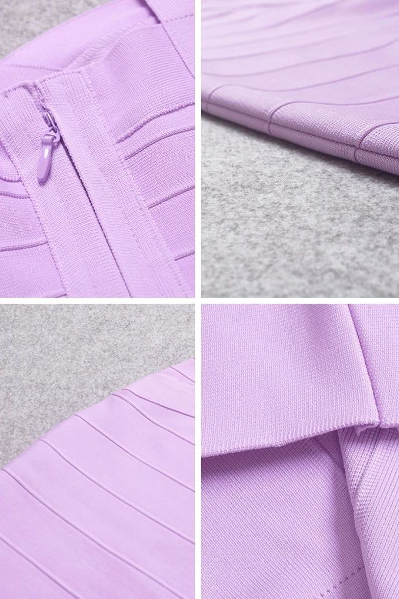 Woman wearing a figure flattering  Heidi Bandage Mini Dress - Violet Bodycon Collection