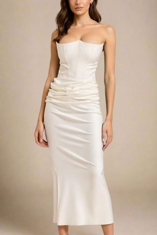 Woman wearing a figure flattering  Hope Bodycon Wrap Maxi Dress - White Pearl BODYCON COLLECTION