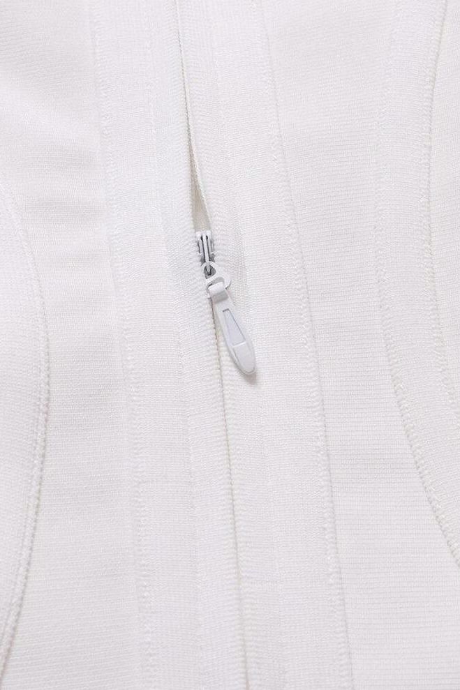 Woman wearing a figure flattering  Joy Bandage Midi Dress - Pearl White Bodycon Collection