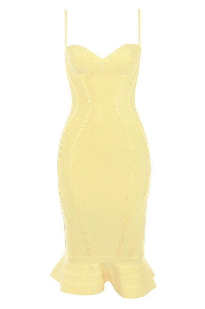 Woman wearing a figure flattering  Joy Bandage Midi Dress - Sun Yellow Bodycon Collection