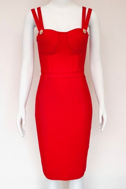 Woman wearing a figure flattering  Kate Bandage Dress - Lipstick Red Bodycon Collection
