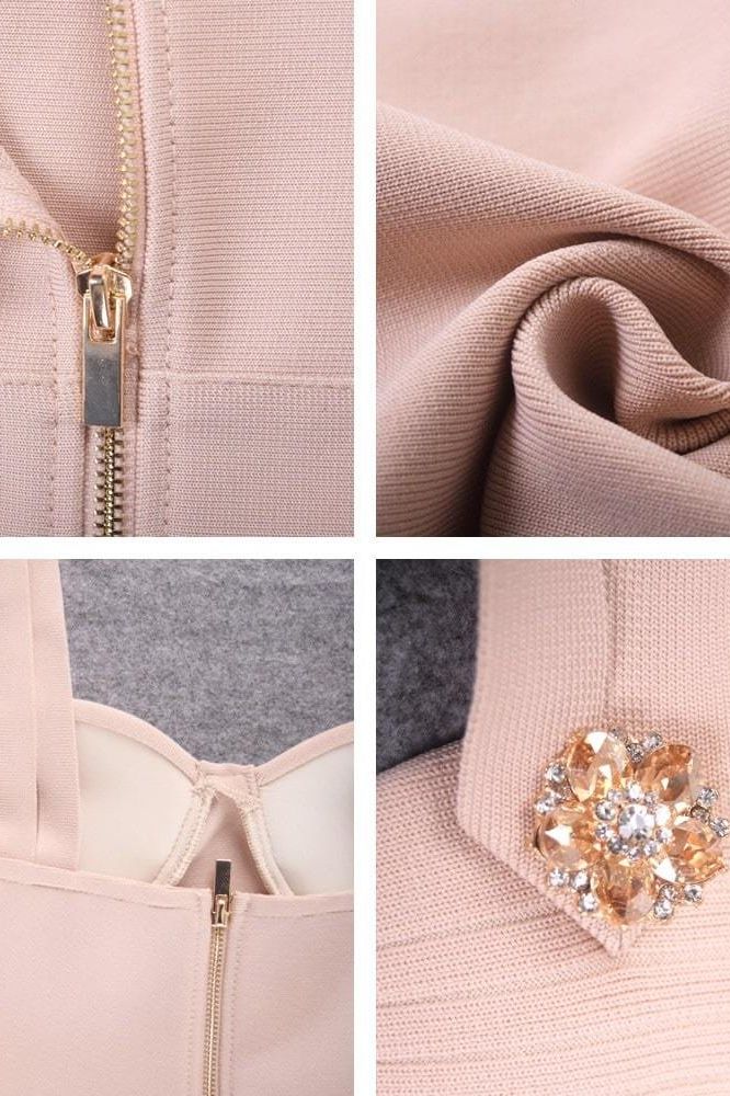 Woman wearing a figure flattering  Kate Bandage Dress - Nude Bodycon Collection