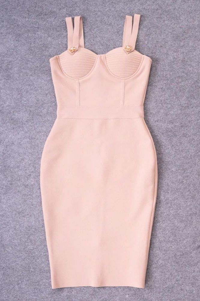 Woman wearing a figure flattering  Kate Bandage Dress - Nude Bodycon Collection