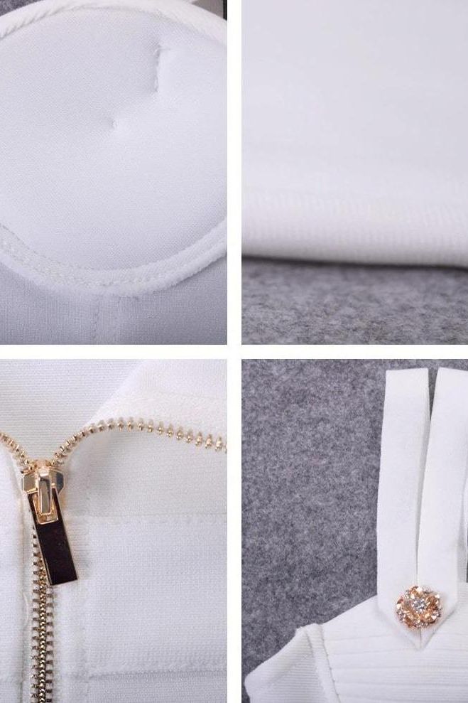 Woman wearing a figure flattering  Kate Bandage Dress - Pearl White Bodycon Collection