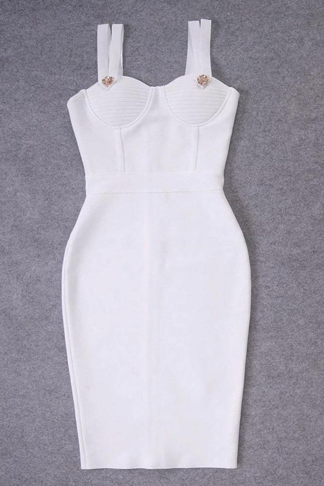 Woman wearing a figure flattering  Kate Bandage Dress - Pearl White Bodycon Collection