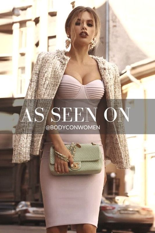 Woman wearing a figure flattering  Kate Bandage Dress - Pearl White Bodycon Collection