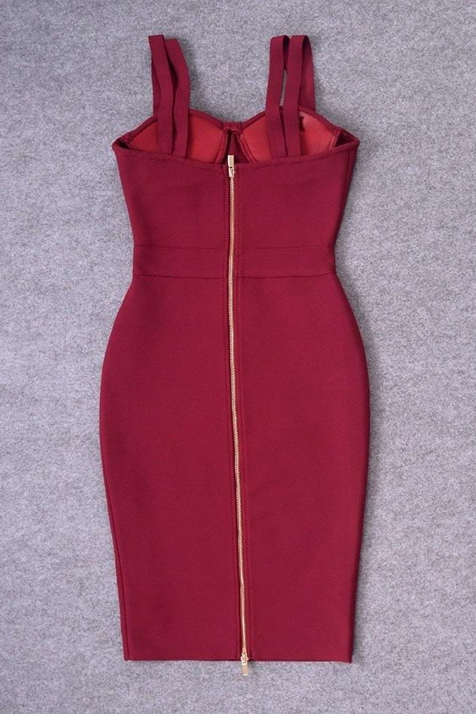 Woman wearing a figure flattering  Kate Bandage Dress - Red Wine Bodycon Collection