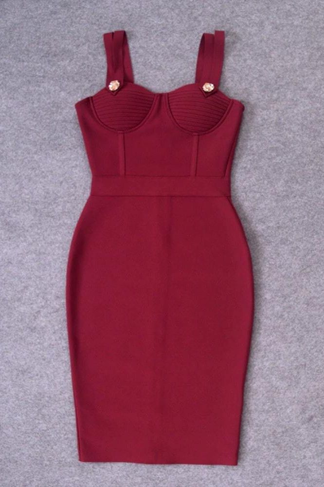 Woman wearing a figure flattering  Kate Bandage Dress - Red Wine Bodycon Collection
