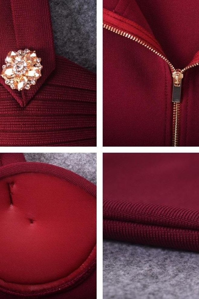 Woman wearing a figure flattering  Kate Bandage Dress - Red Wine Bodycon Collection