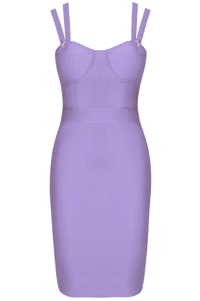Woman wearing a figure flattering  Kate Bandage Dress - Violet Bodycon Collection
