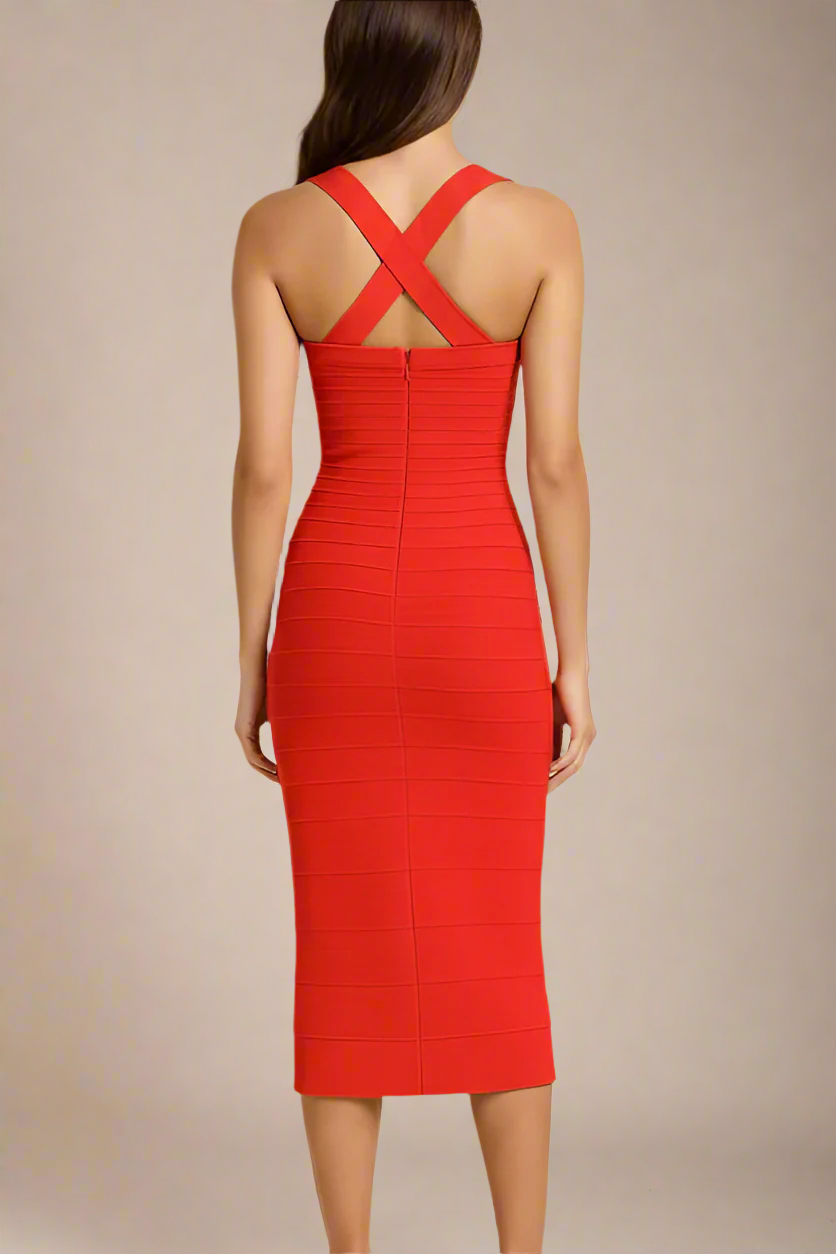 Woman wearing a figure flattering  Kendall Bandage Midi Dress - Lipstick Red BODYCON COLLECTION