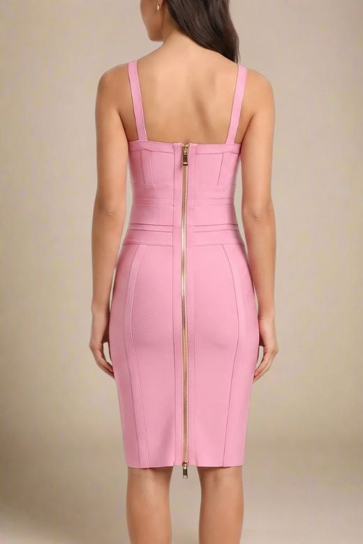 Woman wearing a figure flattering  Kit Bandage Dress - Blush Pink Bodycon Collection