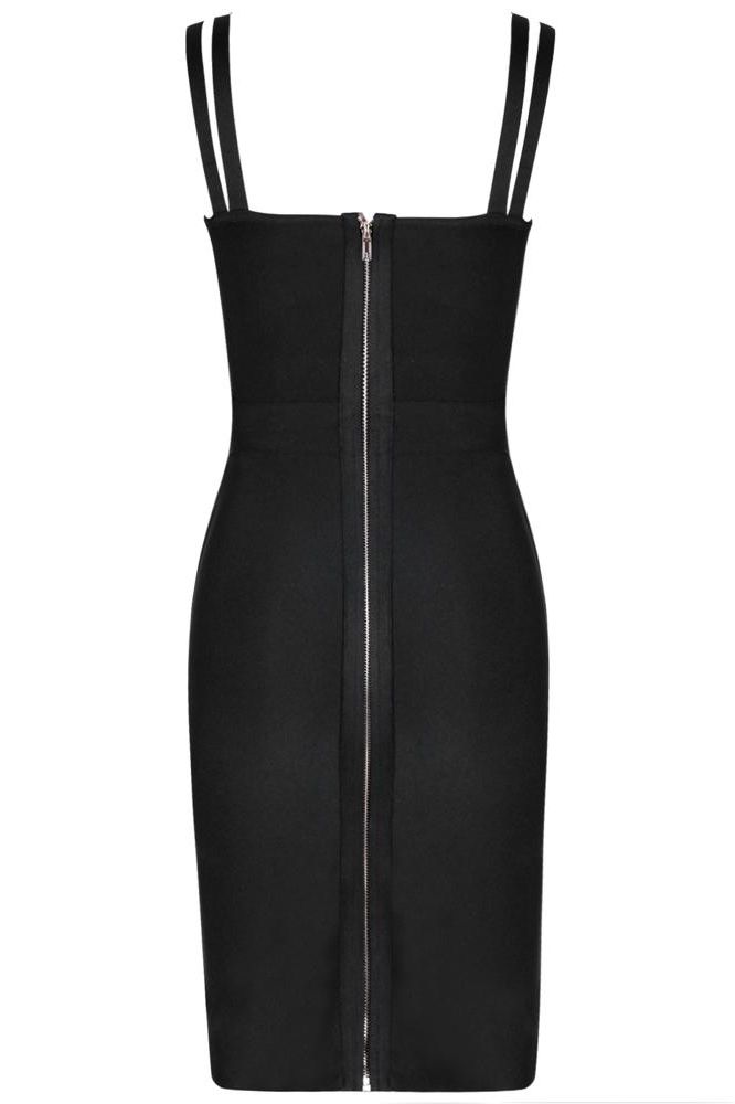 Woman wearing a figure flattering  Kate Bandage Dress - Classic Black Bodycon Collection