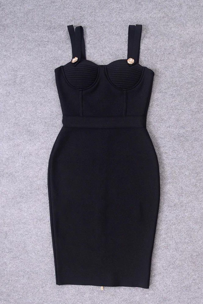 Woman wearing a figure flattering  Kate Bandage Dress - Classic Black Bodycon Collection