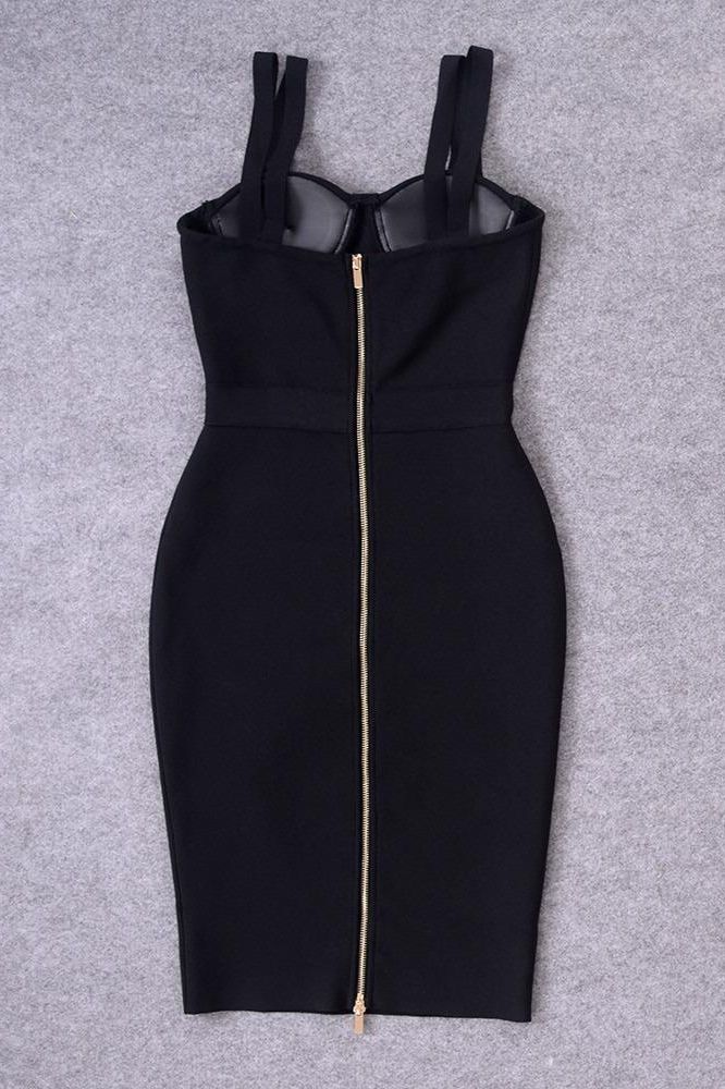 Woman wearing a figure flattering  Kate Bandage Dress - Classic Black Bodycon Collection