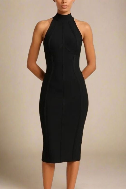 Woman wearing a figure flattering  Lea Bandage Midi Dress - Classic Black Bodycon Collection