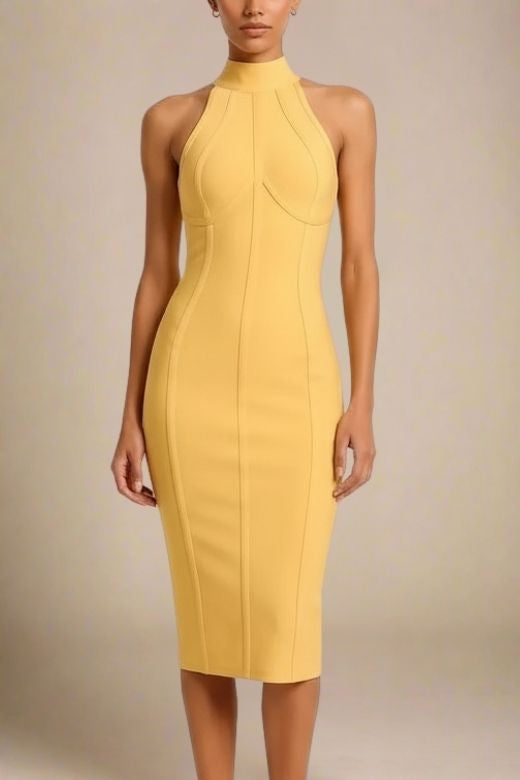 Woman wearing a figure flattering  Lea Bandage Midi Dress - Mustard Yellow Bodycon Collection