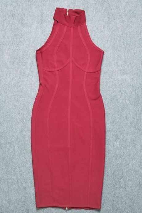 Woman wearing a figure flattering  Lea Bandage Midi Dress - Red Wine Bodycon Collection