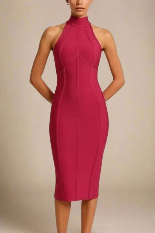 Woman wearing a figure flattering  Lea Bandage Midi Dress - Red Wine Bodycon Collection