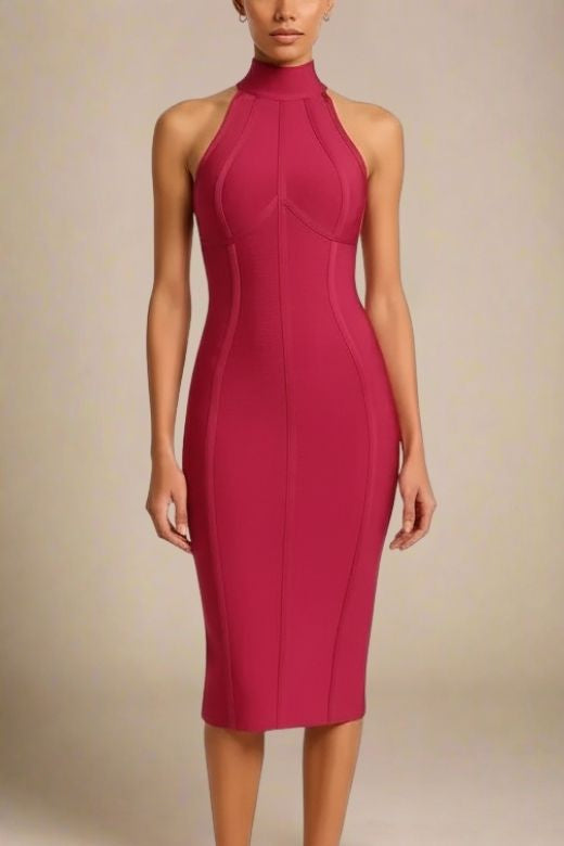 Woman wearing a figure flattering  Lea Bandage Midi Dress - Red Wine Bodycon Collection