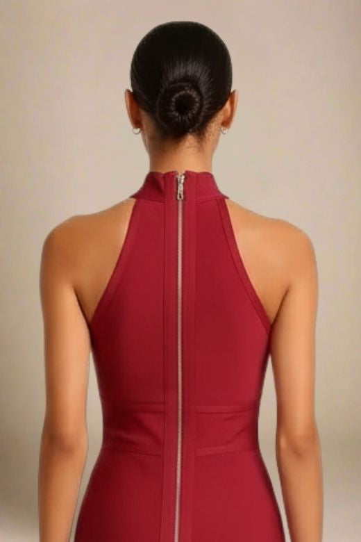 Woman wearing a figure flattering  Lea Bandage Midi Dress - Red Wine Bodycon Collection