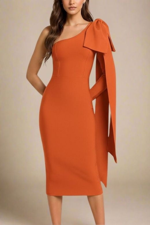 Woman wearing a figure flattering  Lela Long Sleeve Bandage Midi Dress - Apricot Orange BODYCON COLLECTION