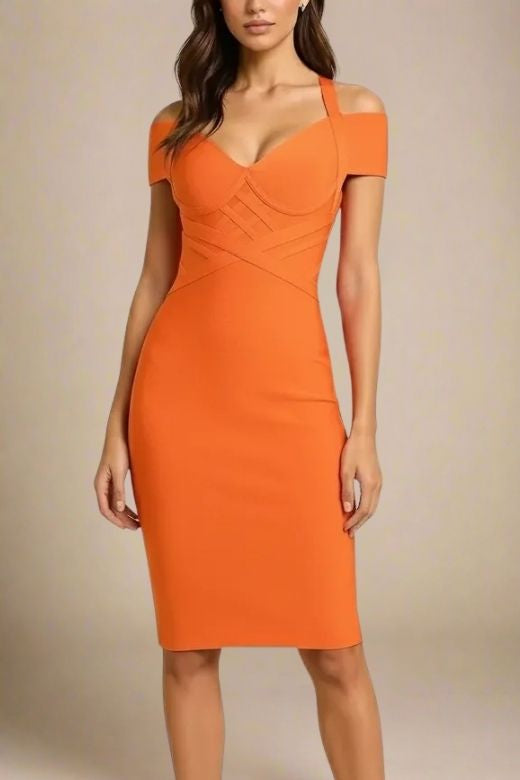 Woman wearing a figure flattering  Leo Bandage Midi Dress - Apricot Orange Bodycon Collection