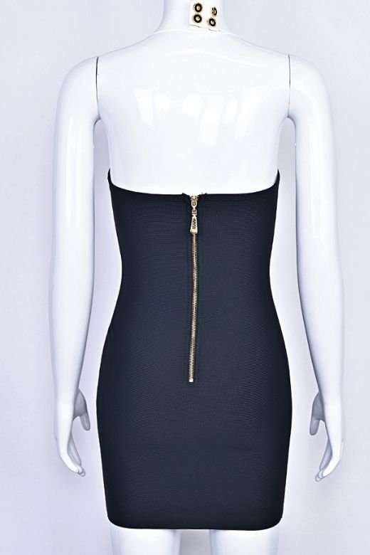 Woman wearing a figure flattering  Leone Bandage Mini Dress - Classic Black BODYCON COLLECTION Pty Ltd