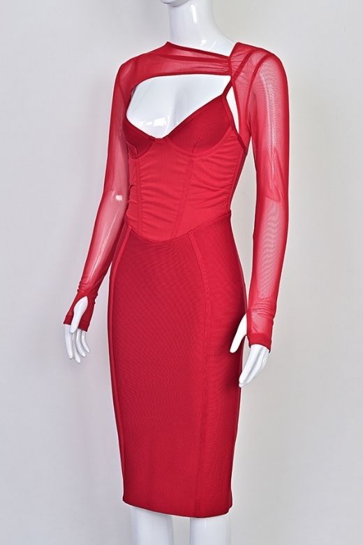 Woman wearing a figure flattering  Lexi Long Sleeve Bodycon Midi Dress - Red Wine BODYCON COLLECTION