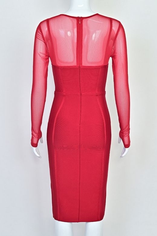 Woman wearing a figure flattering  Lexi Long Sleeve Bodycon Midi Dress - Red Wine BODYCON COLLECTION