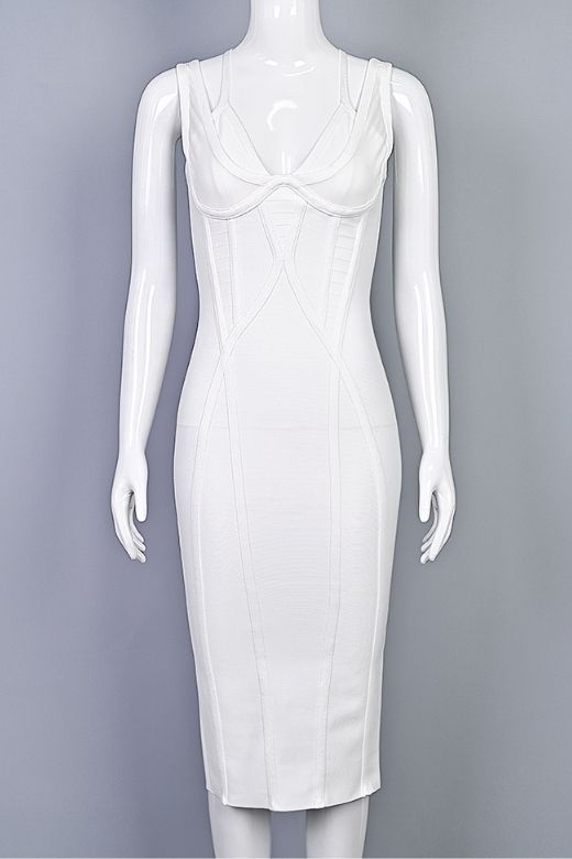 Woman wearing a figure flattering  Lucy Bandage Midi Dress - White Pearl BODYCON COLLECTION