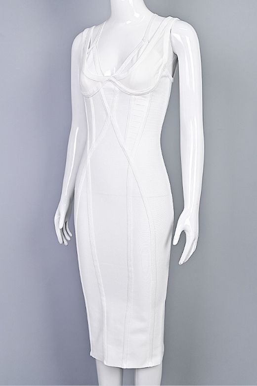 Woman wearing a figure flattering  Lucy Bandage Midi Dress - White Pearl BODYCON COLLECTION