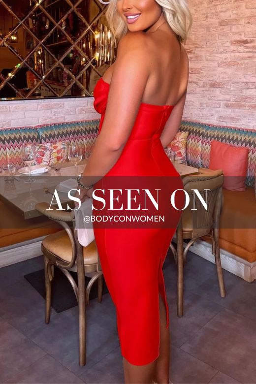 Woman wearing a figure flattering  Miles Bodycon Midi Dress - Lipstick Red BODYCON COLLECTION