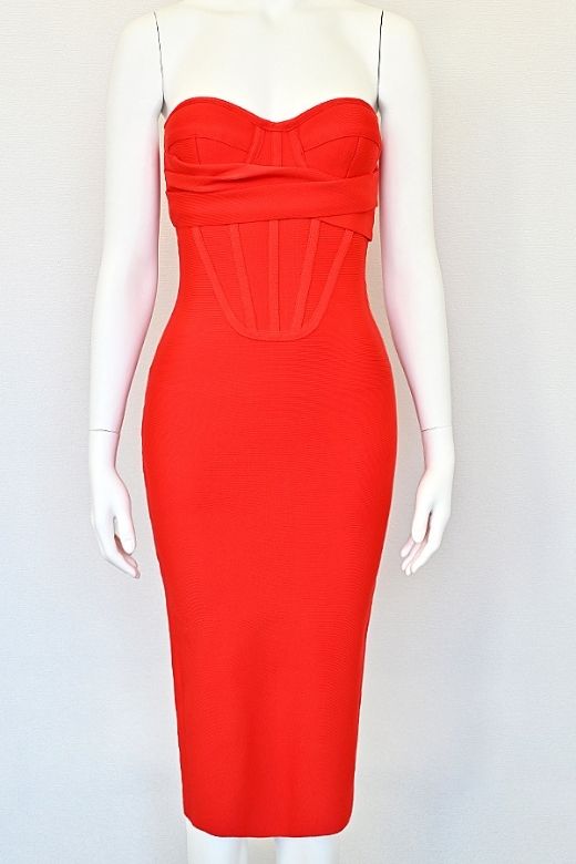Woman wearing a figure flattering  Miles Bodycon Midi Dress - Lipstick Red BODYCON COLLECTION