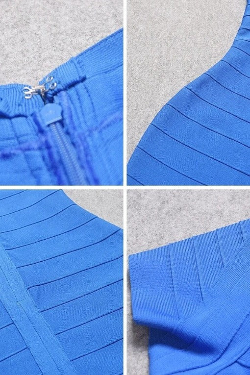 Woman wearing a figure flattering  Miranda Bandage Mini Dress - Royal Blue Bodycon Collection