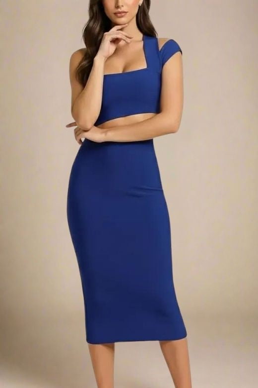 Woman wearing a figure flattering  Molly Bandage Midi Dress - Navy Blue BODYCON COLLECTION
