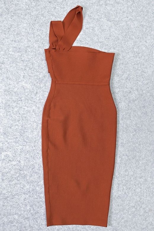 Woman wearing a figure flattering  Molly Bandage Midi Dress - Tan Brown BODYCON COLLECTION