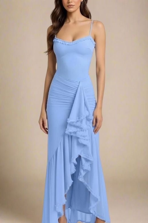 Woman wearing a figure flattering  Noah Bodycon Wrap Midi Dress - Azure Blue BODYCON COLLECTION