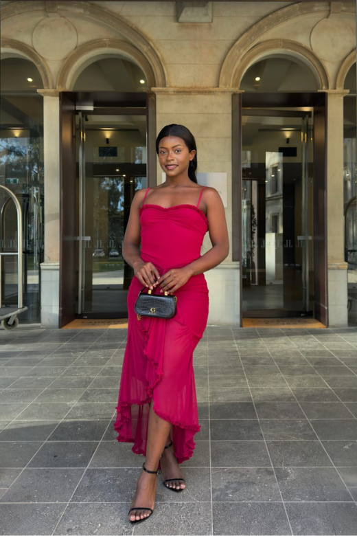 Woman wearing a figure flattering  Noah Bodycon Wrap Midi Dress- Red Wine BODYCON COLLECTION