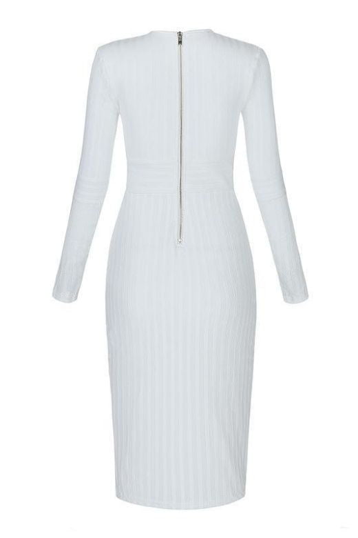 Woman wearing a figure flattering  Olivia Long Sleeve Bandage Dress - White Pearl Bodycon Collection