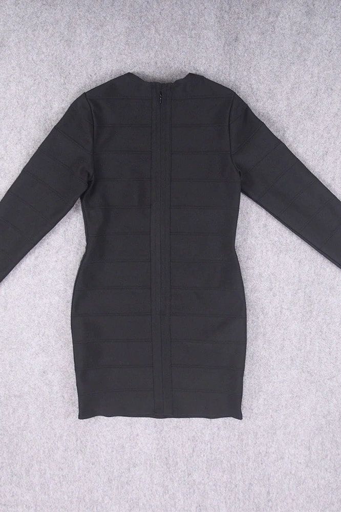 Woman wearing a figure flattering  Pamela Long Sleeve Bandage Mini Dress - Classic Black BODYCON COLLECTION