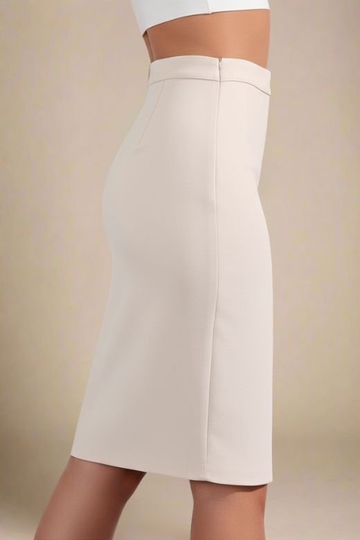 Woman wearing a figure flattering  Pencil High Waist Bandage Knee Length Skirt - Cream BODYCON COLLECTION
