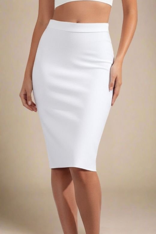 Woman wearing a figure flattering  Pencil High Waist Bandage Knee Length Skirt - White Pearl BODYCON COLLECTION