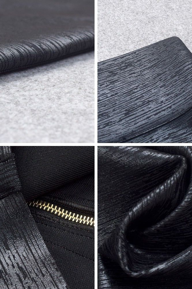 Woman wearing a figure flattering  Pencil High Waist Bandage Metallic Mini Skirt - Classic Black BODYCON COLLECTION