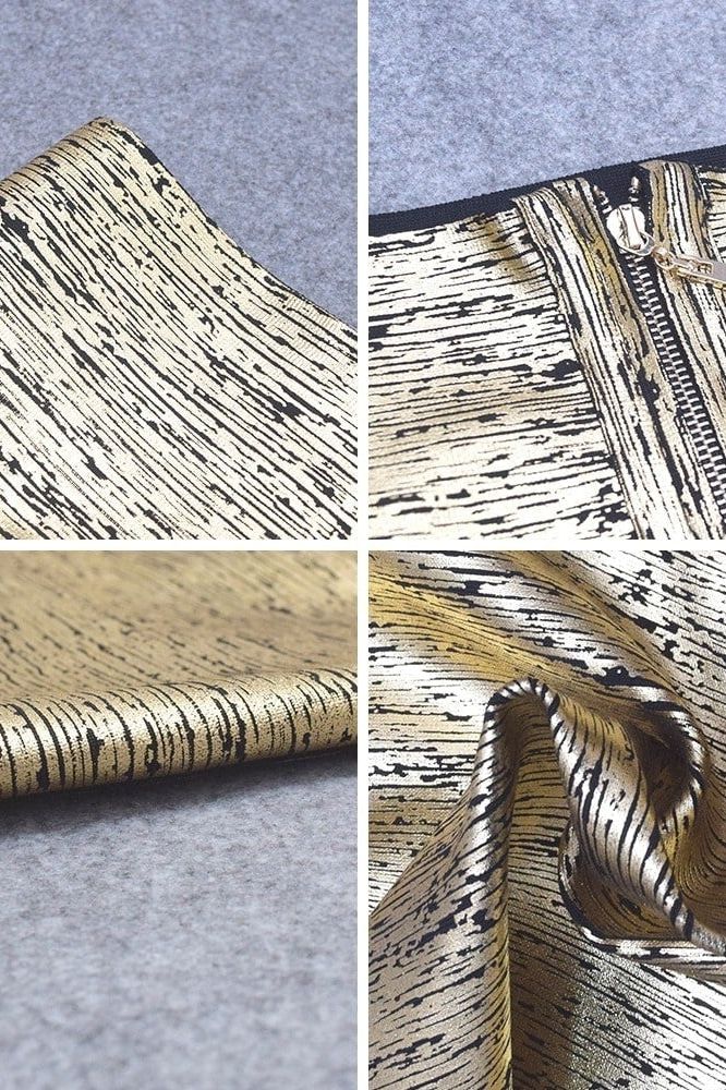 Woman wearing a figure flattering  Pencil High Waist Bandage Mini Skirt - Gold Metallic BODYCON COLLECTION