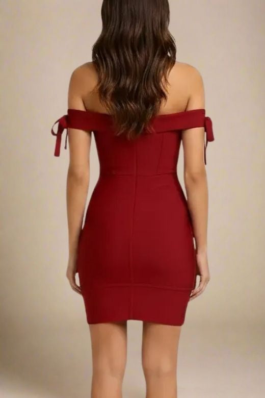 Woman wearing a figure flattering  Penelope Bandage Mini Dress - Red Wine BODYCON COLLECTION