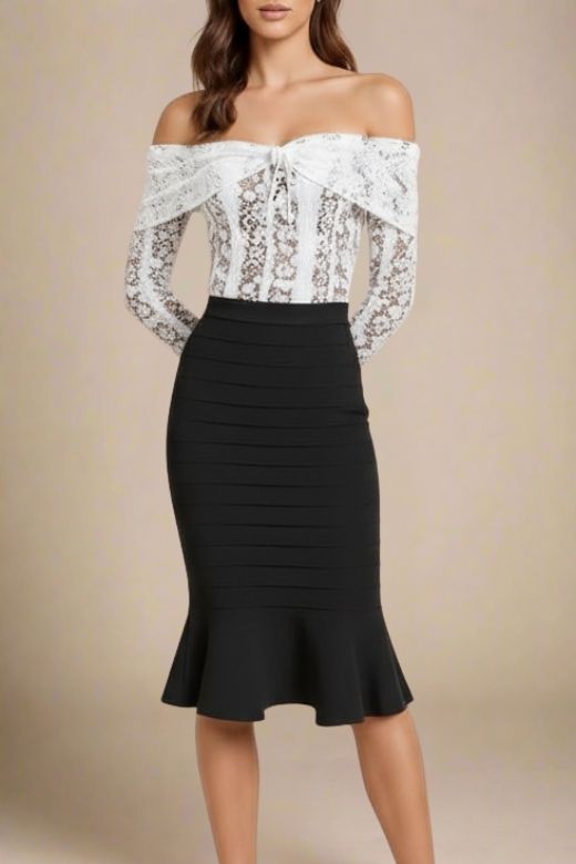 Woman wearing a figure flattering  Peplum High Waist Bandage Midi Skirt - Classic Black BODYCON COLLECTION