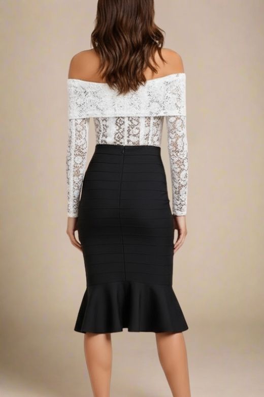 Woman wearing a figure flattering  Peplum High Waist Bandage Midi Skirt - Classic Black BODYCON COLLECTION