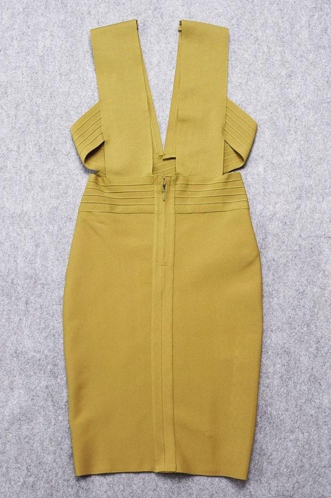 Woman wearing a figure flattering  Pia Bandage Dress - Olive Green BODYCON COLLECTION