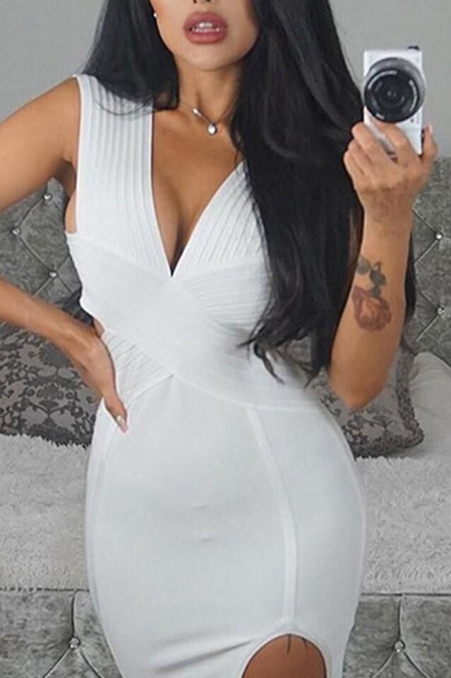 Woman wearing a figure flattering  Pia Bandage Dress - Pearl White BODYCON COLLECTION